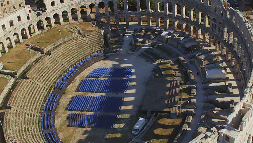 Aerial shoot of Arena ancient Roman amphitheater - Old town Pula, Istra region, Croatia.