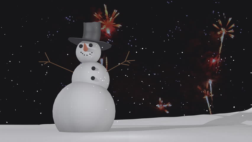 Animation of jolly snowman under falling snow and fireworks loop