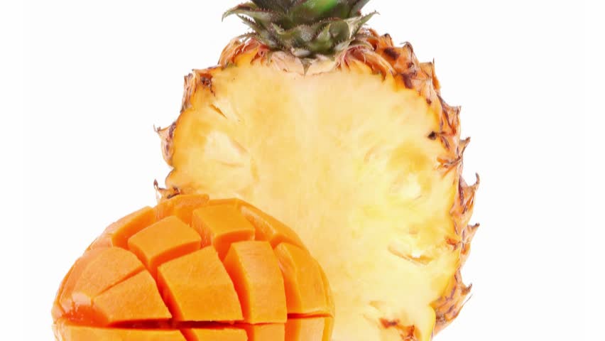 exotic diet food - set of lot of tropical fruits include pineapple and mango isolated over white background