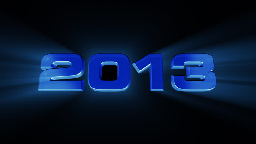 Happy New Year 2013, blue 3d animation of 2013 with rays on black background