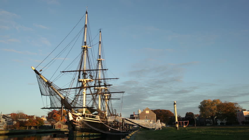 Salem harbor tall ship medium shot at sunrise