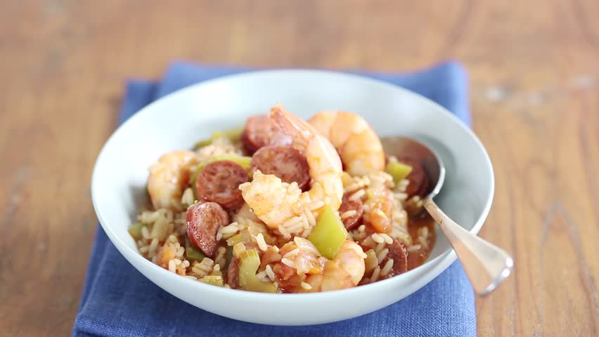 Jambalaya (Creole rice stew with prawns and sausage)