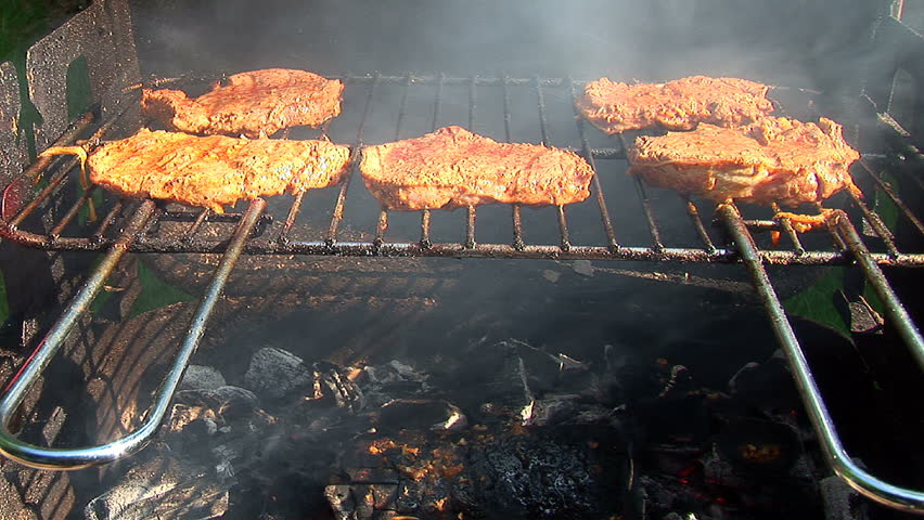 Beef stake barbecue cooked outdoors, close-up, smoke and nature
