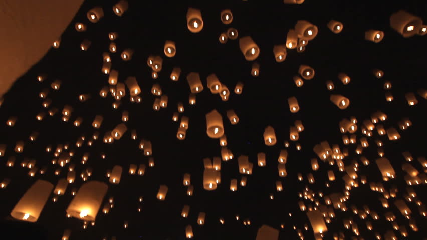 Lanterns launching for Loy krathong buddhist festival in Thailand