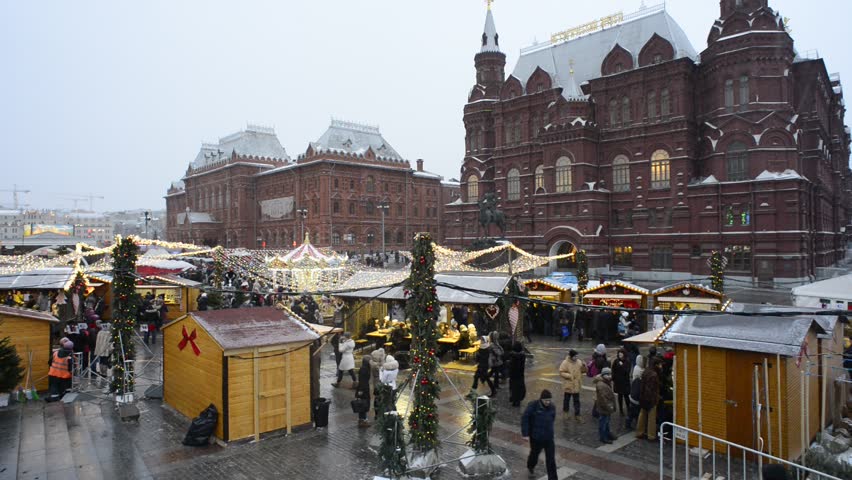 MOSCOW, RUSSIA - DECEMBER 29: Marche de Noel de Strasbourg a Moscow - The real Strasbourg Christmas market takes place in Moscow in front of the buildings of State Historical Museum and the Kremlin.