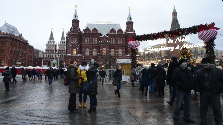MOSCOW, RUSSIA - DECEMBER 29: Marche de Noel de Strasbourg a Moscow - The real Strasbourg Christmas market takes place in Moscow in front of the buildings of State Historical Museum and the Kremlin. 