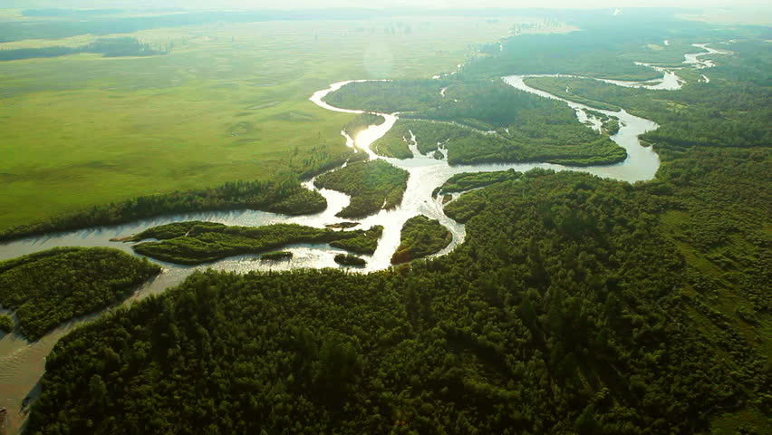 flight over mountain river