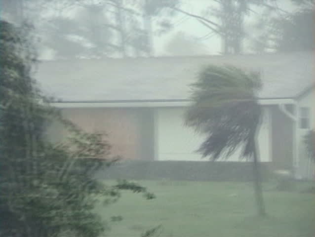 Hurricane winds and rain blowing through a residential neighborhood.