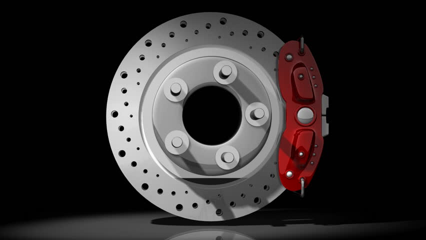 brake disk with a red support Rotation on 360 degrees in dark studio. (HD, 30fps, loop, 3d render)