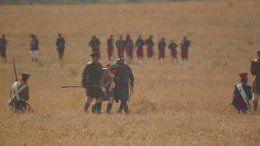 CRIMEA, UKRAINE â SEPTEMBER 29, 2012: Wounded soldier on the battlefield during reenactment of Battle of Alma (Crimean War 1853 - 1856) on a historical festival in Crimea. 