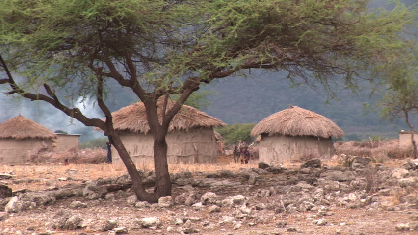 African landscape with a hut in African Village. Video shot with an old camera.