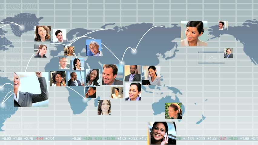 Montage CG global telecommunication graphics with USA shape mosaic young multi ethnic business people using modern wireless technology