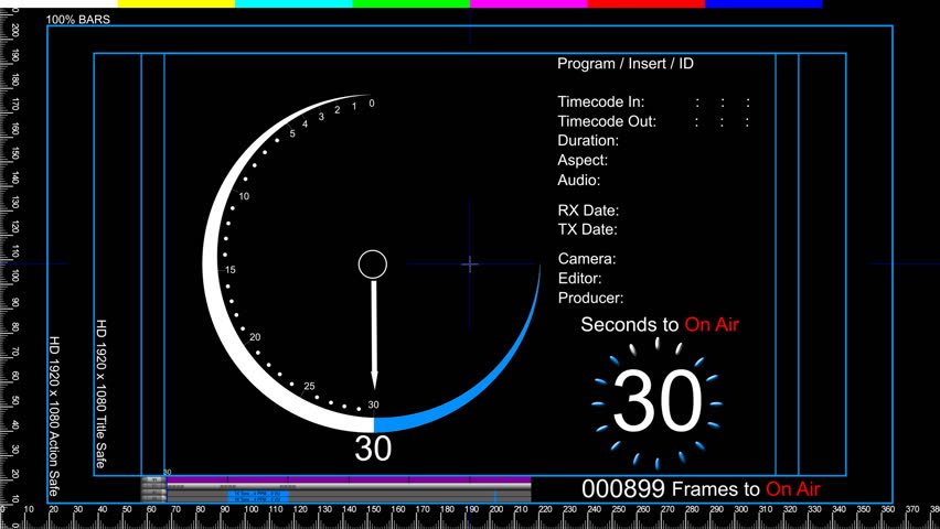 Pre-Program Countdown VT Clock .. With Ruler, Centre and Safe Markers, Program info, Timeline Viewer, Various Bars and tests signals top of screen, Countdown in Frames and Seconds, 