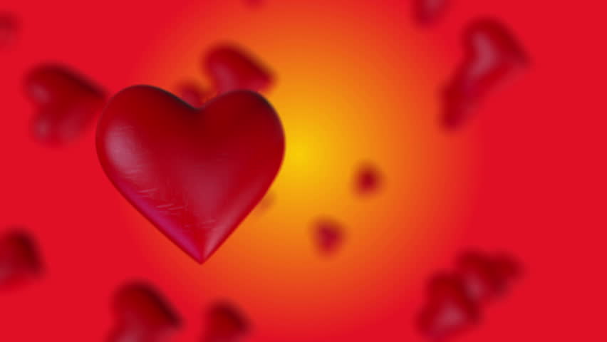 Camera goes through swirling love hearts, stops at one and goes away. Good for adding titles.