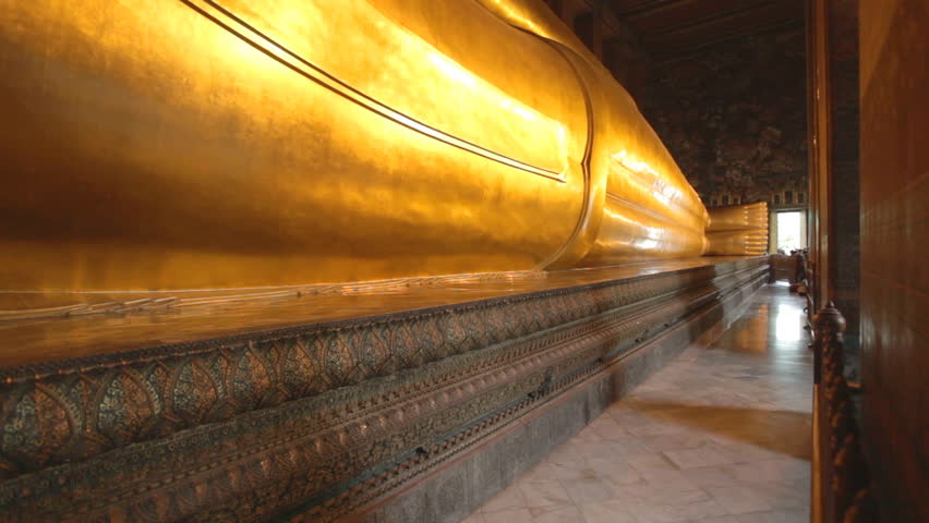 Pan of the reclining buddha at Wat Pho temple in Bangkok, Thailand