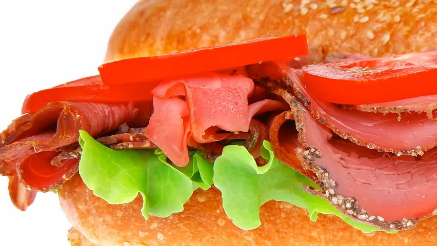 french sandwich : long baguette with smoked chicken sausage hidef slow motion intro