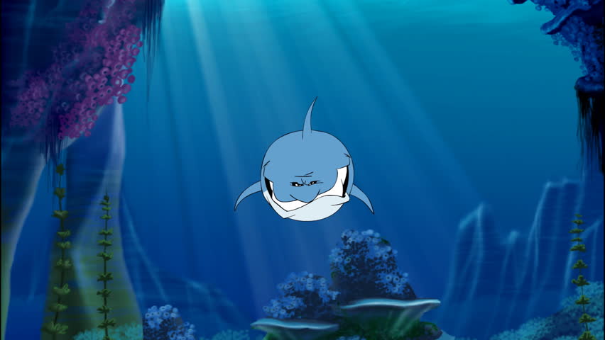 Angry shark. Underwater background. Animated cartoon.