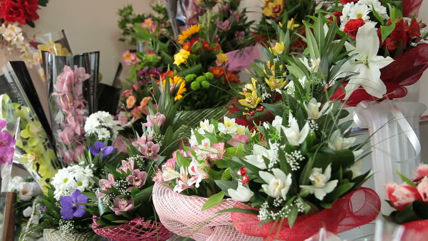 Fresh Flower Arrangements In Florist Shop, Pan Shot