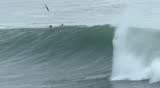 Sea birds fly low over a breaking ocean wave in slow motion.