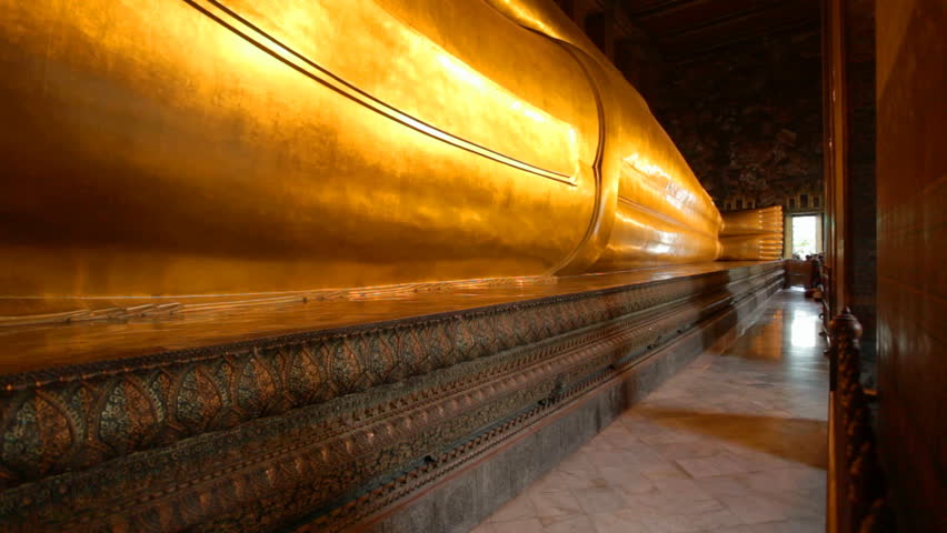 Pan of the reclining buddha at Wat Pho temple in Bangkok, Thailand