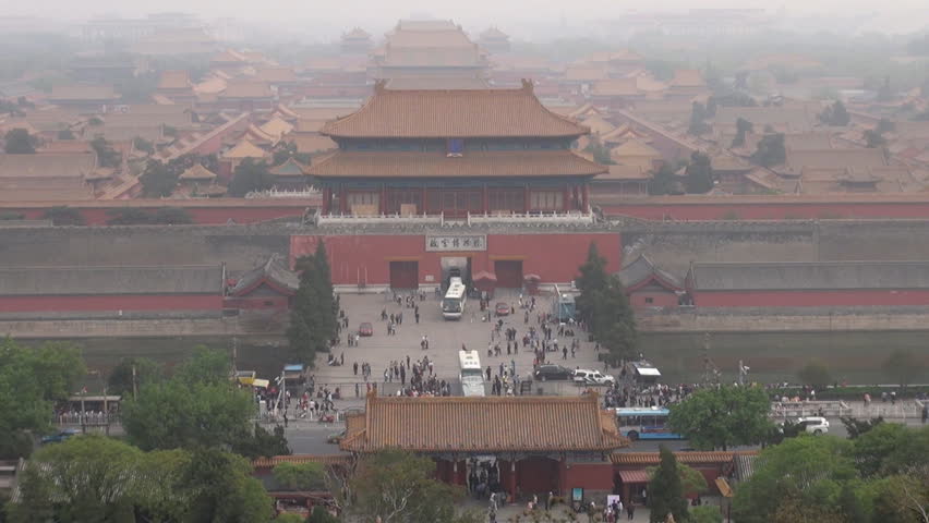 BEIJING, CHINA - APRIL 25, 2012, Fast motion of Aerial view of Forbidden City in fog