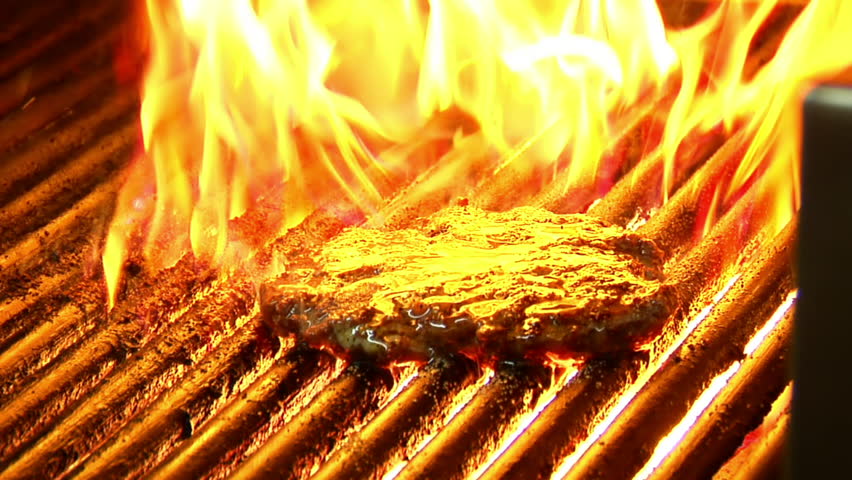 close-up on Burger cooking with flame