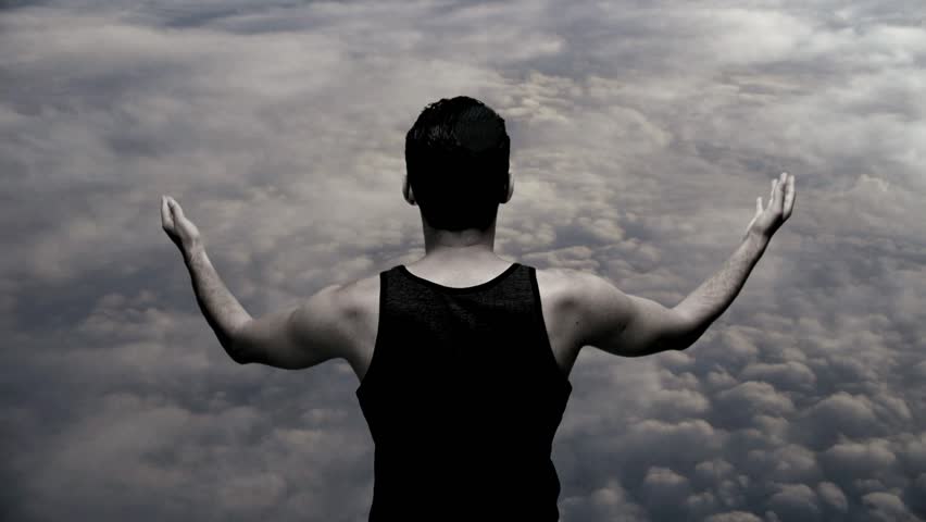 male model powerful superhero sky clouds