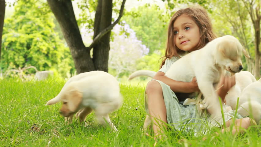 Innocent little girl playing with puppies in the garden.
