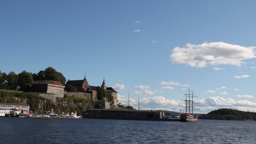 Oslo Norway Harbor with ship and castle in the background