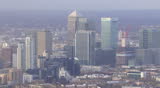 Aerial view of the distinctive towers of the financial district of Canary Wharf in London