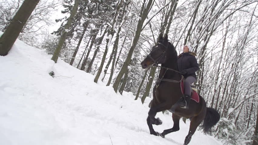 LJUBLJANA SLOVENIA MARCH 2014 Slow Motion Cowgirl Galloping Horse