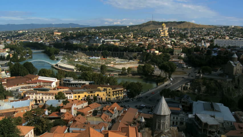 View from Narikala fort towards City of Tbilisi, Mt k vari river and Metechi Bridge in Tbilisi, Georgia