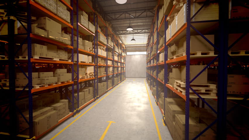 Warehouse interior 3d loopable animation. Camera is moving forward.