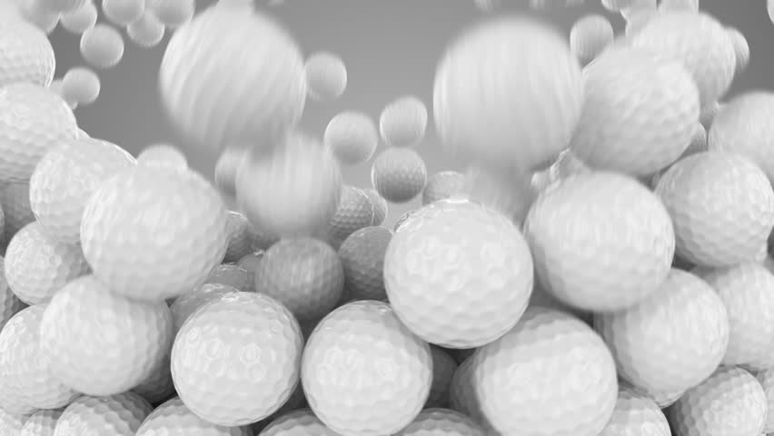 Huge number of golf balls is falling down and forming a wall in front of the camera. Animation has alpha split at the end. Video can be useful as transition in golf related material.