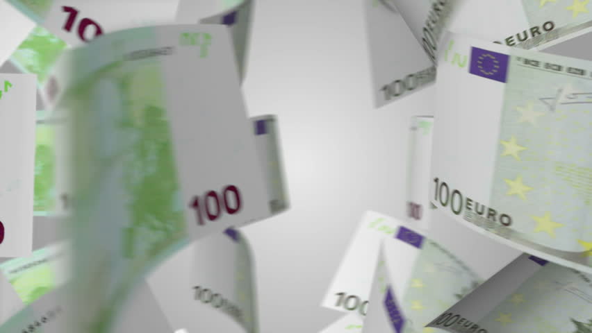 100 Euro banknotes are floating, then being transformed into 100 Yuan Banknotes.
