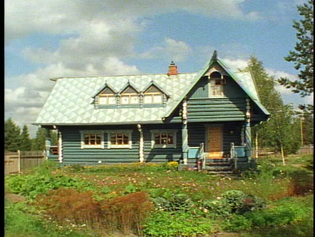 Russian Village houses, quaint, colorful, medium shot, blue/gray