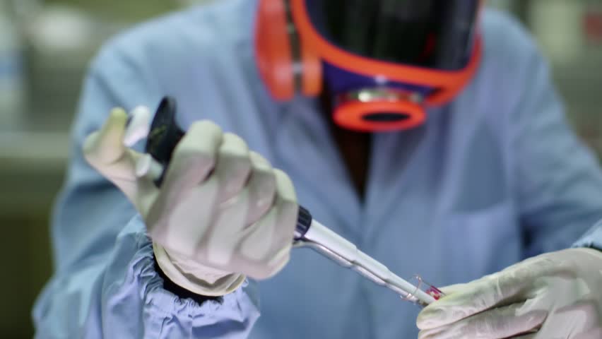 Medicine, hazardous occupations and pharmaceutical laboratory with female scientist working and doing medical test. Sequence