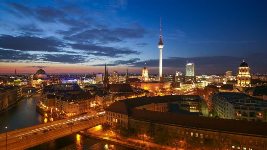 Berlin Skyline Light City Timelapse with Car Traffic and Cloud Dynamic in Full HD 1080p, German Capital