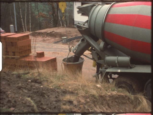 Vintage 8mm film: Housebuilding, mixer pouring concrete
