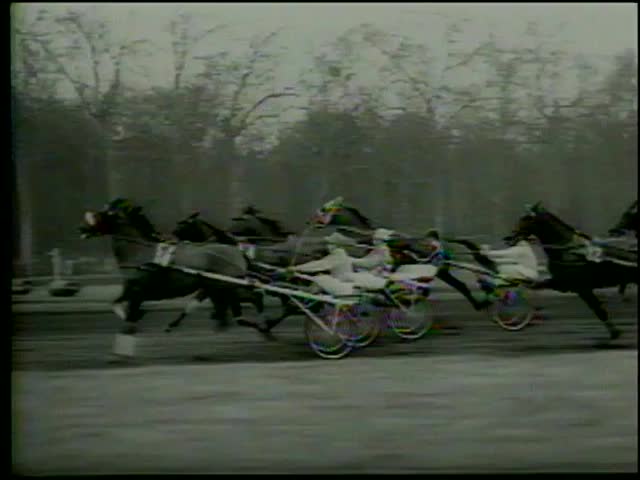 French horse "Patara" leads  during Prix d'AmÃ©rique harness race at theÂ VincennesÂ hippodrome inÂ Paris circa 1964-MGM PICTURES, UNIVERSAL-INTERNATIONAL NEWSREEL, USA, filmed in 1964