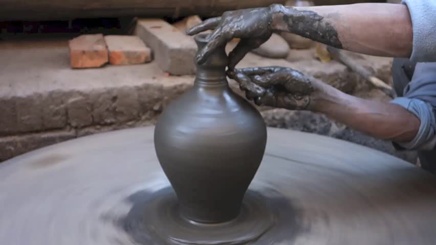 Traditional way of making pottery in Bhaktapur, Kathmandu, Nepal.