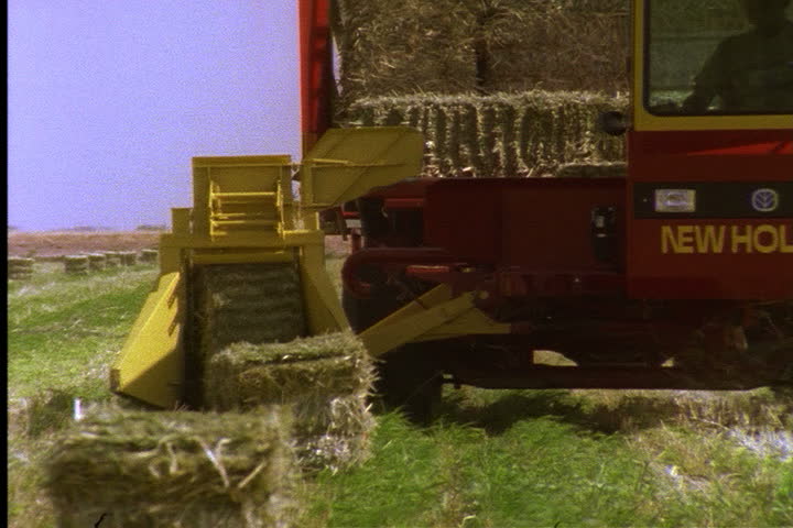 IMPERIAL VALLEY, CALIFORNIA - JUNE 03, 1996: Hay baling truck scoops up bales of hay from field