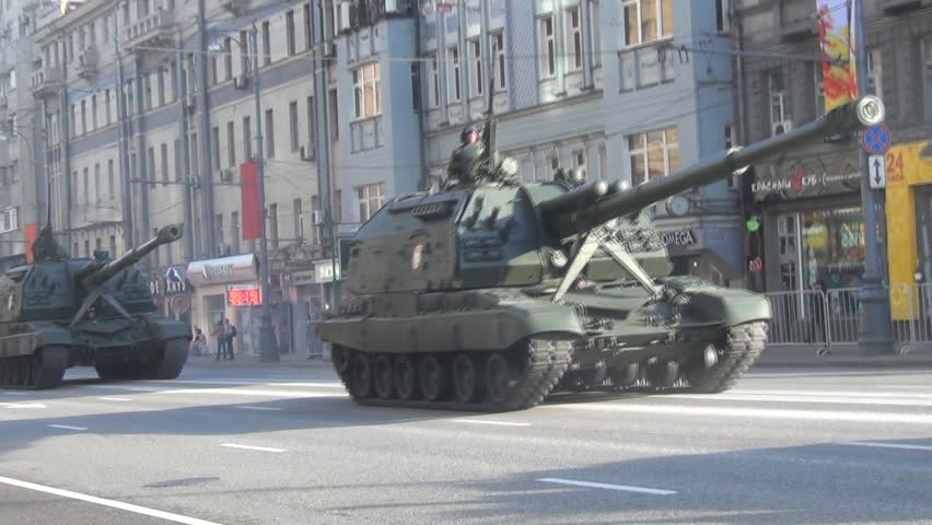MOSCOW/RUSSIA - MAY 9: 2S19 Msta-S self-propelled 152 mm howitzers move in motorcade on Tverskaya Street during parade festivities devoted to anniversary of Victory Day on May 9, 2013 in Moscow.