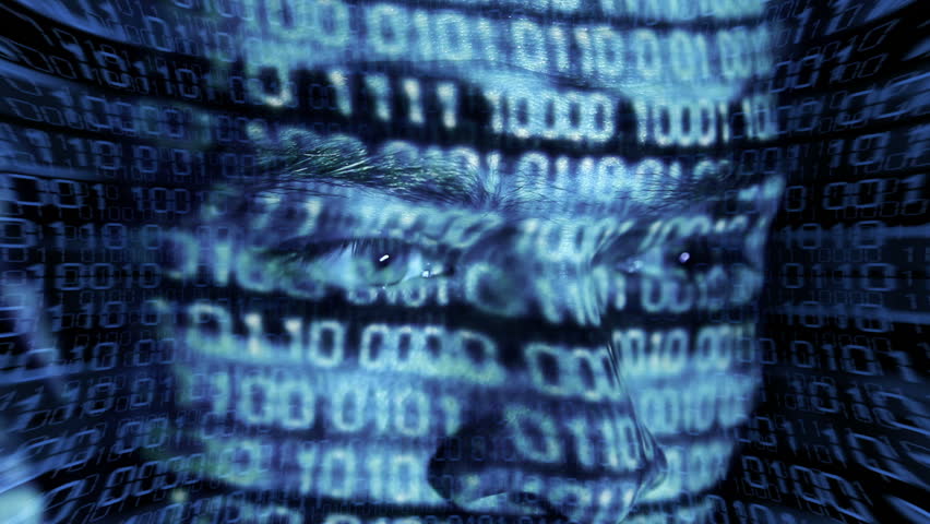 ID theft looking at the camera with binary codes reflections and animations
