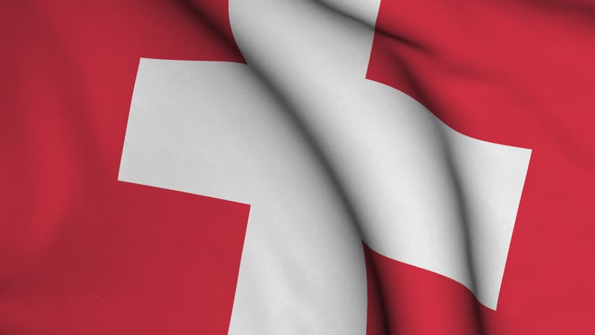 Seamless looping high definition video closeup of the Swiss flag with accurate design and colors and a detailed fabric texture.