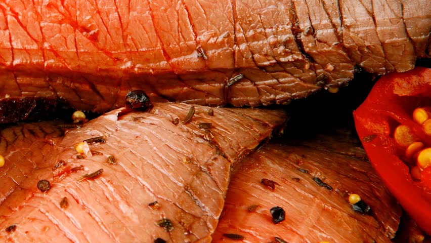 roast beef meat slice with red hot pepper 1920x1080 intro motion slow hidef hd