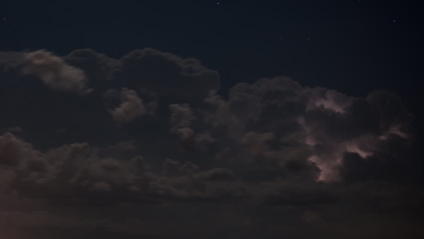 Time lapse of severe thunderstorm clouds at night with lightning