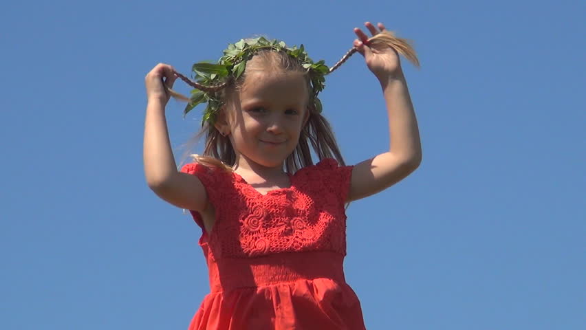 Child with Wreath Jumping as Bunnies, Blue Screen, Little Girl Playing, Children