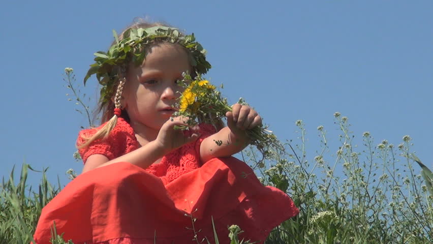 Child with Willow Wreath Playing with Flowers on a Filed, Meadow, Children
