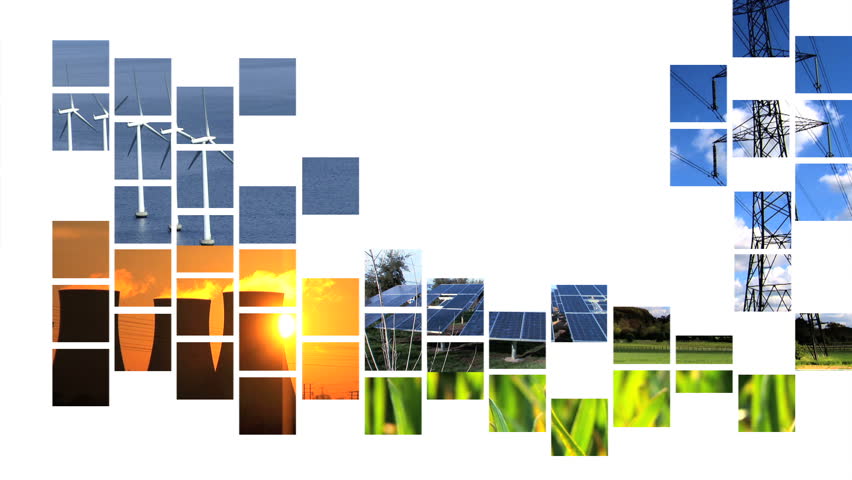 Moving collage of graphics showing renewable energy sources